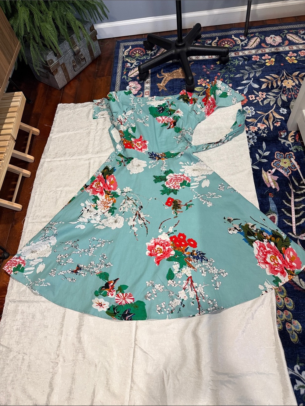 Vintage Inspired 50s Floral Swing Dress Tie Waist Large - Picture 8 of 11